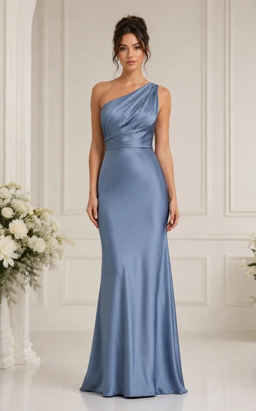 Steel Blue One-Shoulder Satin Sheath Bridesmaid Dress