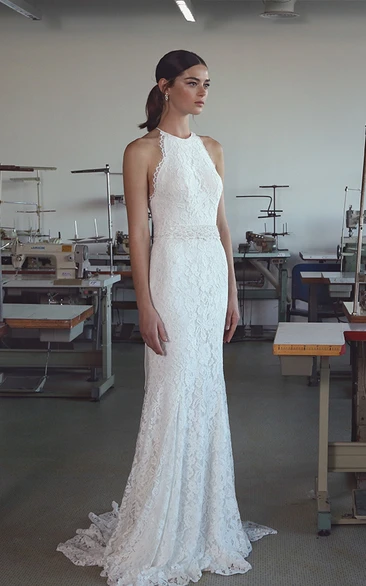 Elegant Lace Halter Sleeveless Sweep Train Simple Wedding Dress