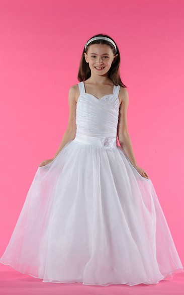 Flower Girl Floral Waist Organza Long Dress With Double Straps And Pearls