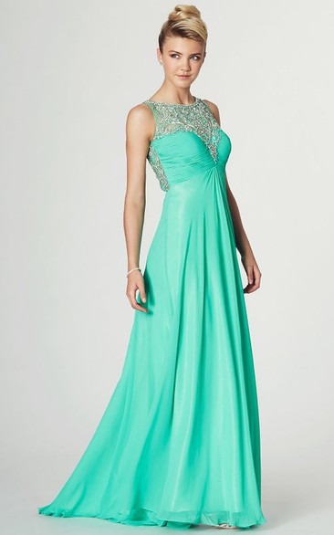 A-Line Jewel-Neck Floor-Length Sleeveless Beaded Chiffon Prom Dress With Ruching