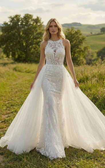 High Neck Lace Mermaid Wedding Dress with Removable Tulle Overskirt