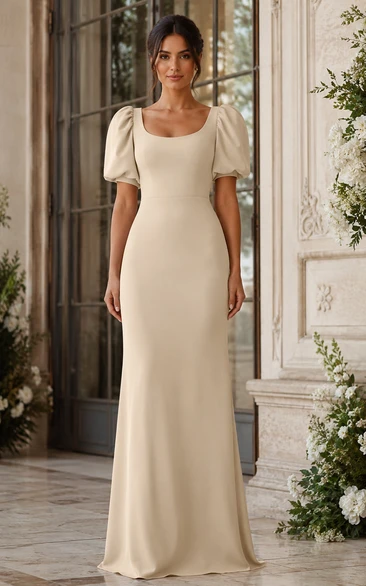 Champagne Scoop Neck Puff Sleeve Sheath Bridesmaid Dress