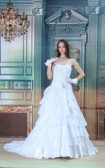 Strapless A-Line Tiered Beading and Dress With Flower