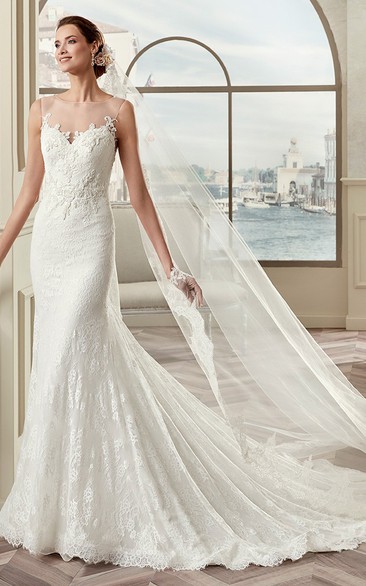 Jewel-Neck Cap Sleeve Lace Bridal Elegance Gown With Illusive Design And Brush Train