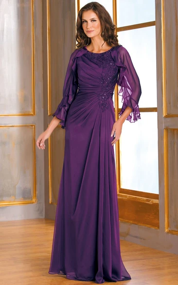 3-4 Sleeved Long Mother Of The Bride Dress With Ruffles And Beadings
