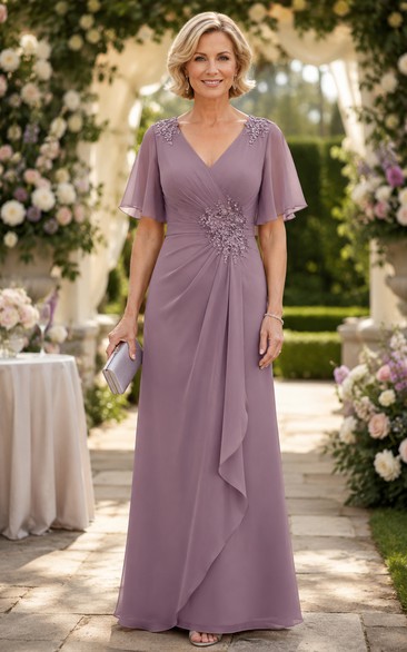 Mauve V-neck Chiffon Flutter Sleeve Lace Mother Dress