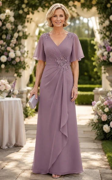Mauve V-neck Chiffon Flutter Sleeve Lace Mother Dress