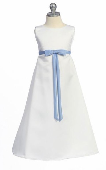 Ankle-Length Bowed Sleeveless Satin Flower Girl Dress