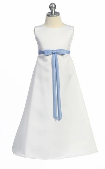 Ankle-Length Bowed Sleeveless Satin Flower Girl Dress