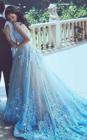Blue Sleeveless A-line Tulle Ball Gown Applique Prom Wedding Dress
