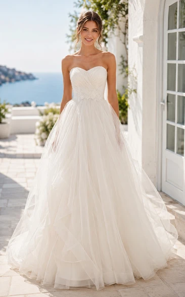 Strapless Tulle Ball Gown Wedding Dress with Sweetheart Bodice and Full Chapel Train