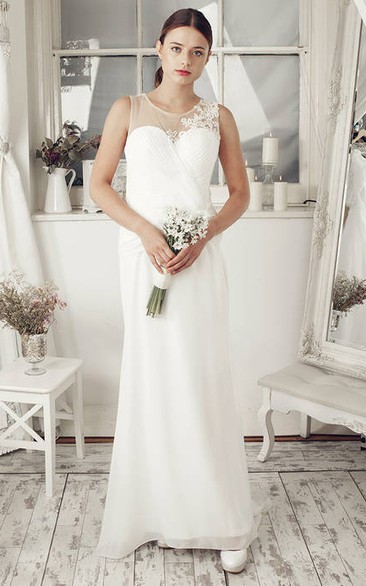 Sheath Scoop Sleeveless Criss-Cross Floor-Length Chiffon Wedding Dress With Illusion Back And Appliques