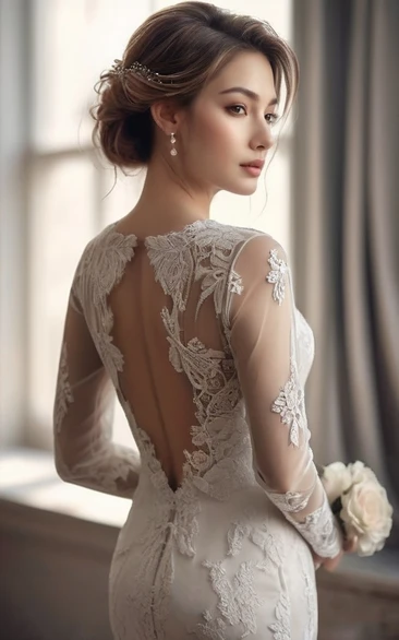 Vestido de novia de sirena de encaje con mangas largas y hombros descubiertos
