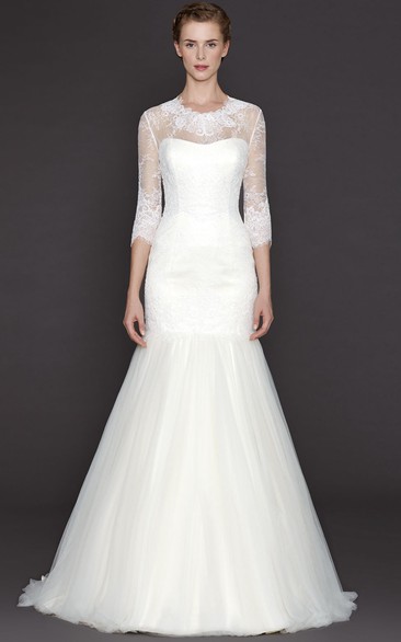 A-Line High Neck 3-4-Sleeve Long Tulle&Lace Wedding Dress With Appliques And Illusion