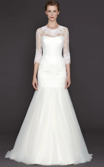 A-Line High Neck 3-4-Sleeve Long Tulle&Lace Wedding Dress With Appliques And Illusion