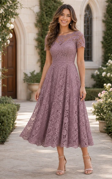 Vintage Mauve Lace Cap Sleeve Tea-length Dress