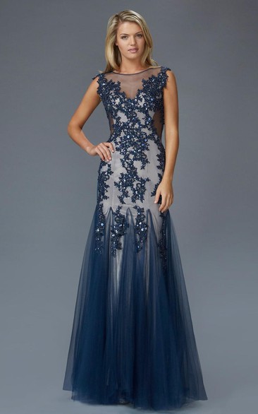 A-Line Scoop-Neck Cap-Sleeve Tulle Keyhole Dress With Appliques And Beading