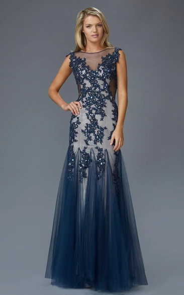 A-Line Scoop-Neck Cap-Sleeve Tulle Keyhole Dress With Appliques And Beading