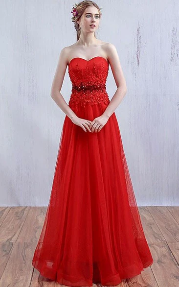 A-Line Sweetheart Appliques Beaded Long Prom Dress