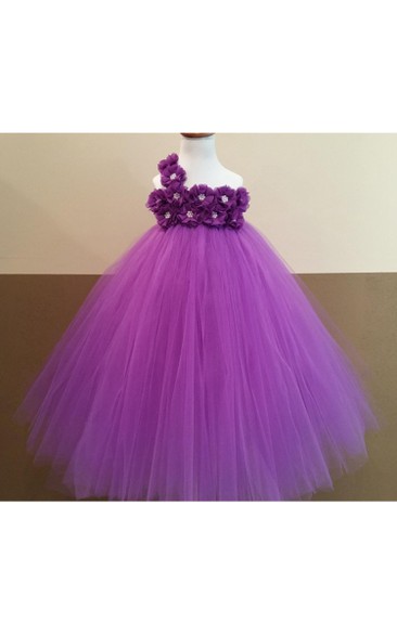 Floral One Shoulder Empire Tulle Ball Gown With Bow