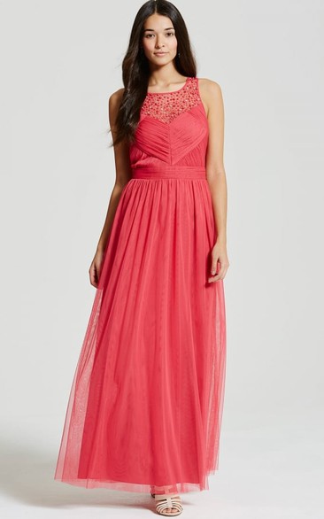 Ankle-Length Bateau Neck Sleeveless Beaded Tulle Bridesmaid Dress