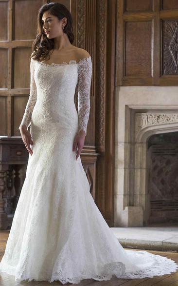 Sheath Off-The-Shoulder Long-Sleeve Lace Wedding Dress With Illusion