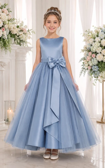 Steel Blue A-Line Satin Flower Girl Dress with Bow Sash