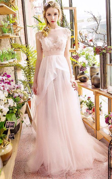 A-Line Off-the-Shoulder Appliques Beading Ruched Tiered Sweep Train Prom Dress