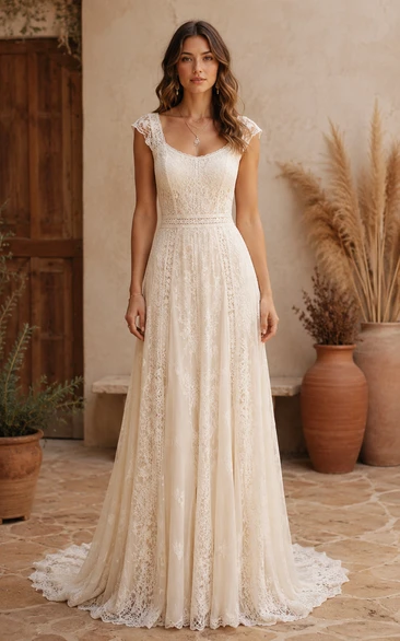 Simple A-Line Wedding Dress Cap Sleeve Scoop Neck Tulle Lace Floor Length Sweep Train Ivory