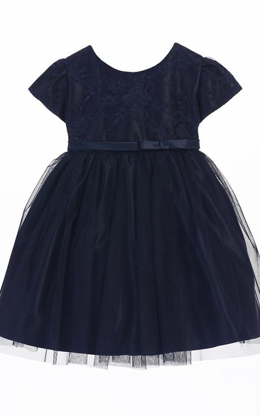 Tea-Length Bowed Lace&Satin Flower Girl Dress