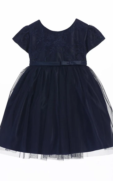 Tea-Length Bowed Lace&Satin Flower Girl Dress