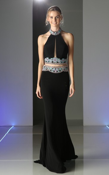 Two-Piece Sheath High Neck Sleeveless Jersey Backless Dress With Beading