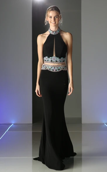 Two-Piece Sheath High Neck Sleeveless Jersey Backless Dress With Beading