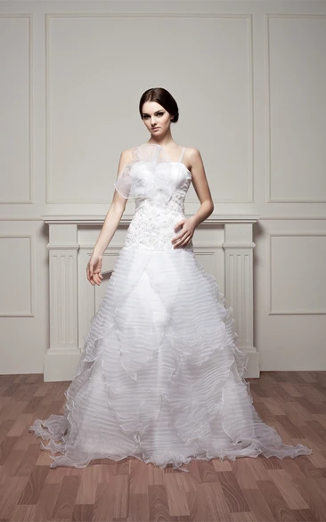 Spaghetti-Straps Ruched A-Line Flower and Dress With Appliques