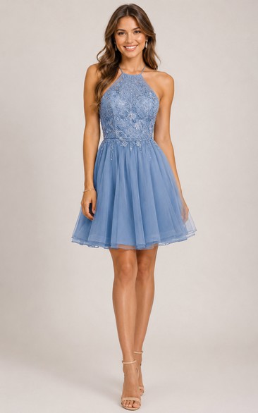 Slate Blue Halter A-Line Cocktail Homecoming Dress