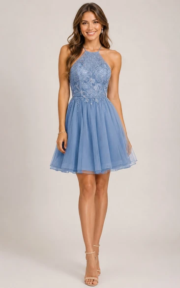 Slate Blue Halter A-Line Cocktail Homecoming Dress