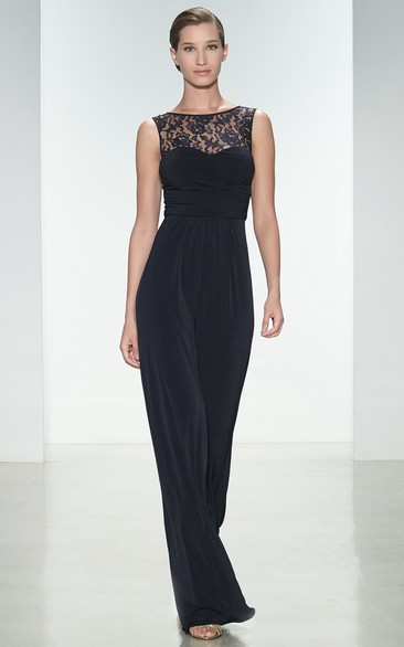 Maxi Sheath Jewel Neck Sleeveless Appliqued Chiffon Bridesmaid Dress