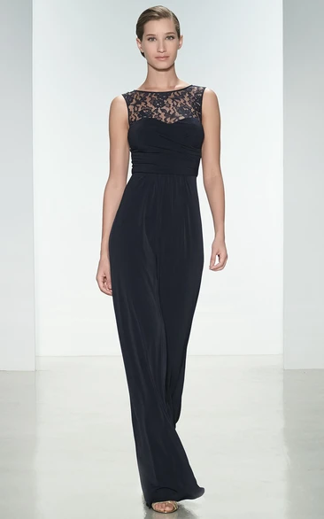 Maxi Sheath Jewel Neck Sleeveless Appliqued Chiffon Bridesmaid Dress