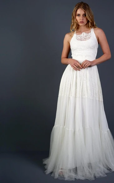 Sleeveless A-Line Tulle Dress With Lace Top and Back Straps