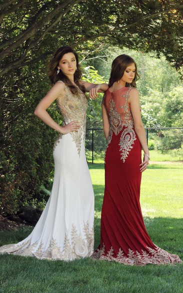 Sheath Scoop-Neck Sleeveless Jersey Illusion Dress With Beading