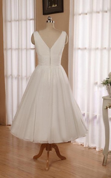 V-Neck Sleeveless Tea-Length Chiffon Short Wedding Dress With Ruching ...