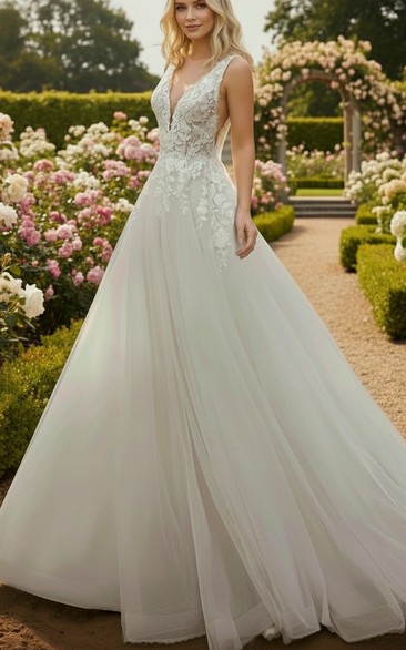 V-Neck Open Back A-line Tulle Wedding Dress with Lace Applique