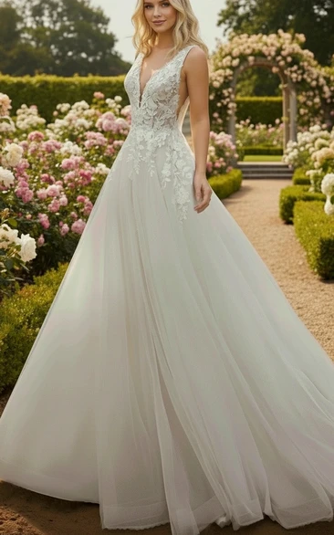 V-Neck Open Back A-line Tulle Wedding Dress with Lace Applique