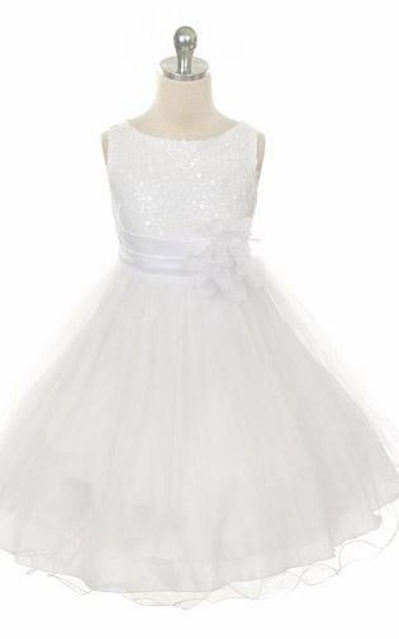 Tea-Length Floral Floral Sequins&Satin Flower Girl Dress With Sash