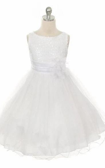 Tea-Length Floral Floral Sequins&Satin Flower Girl Dress With Sash
