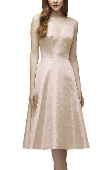 V-neck A-line Tea-length Bridesmaid Dress