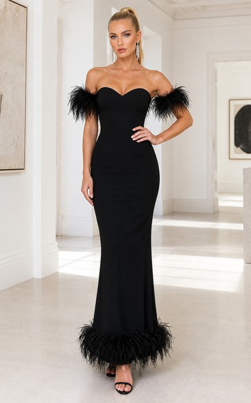 Black Strapless Mermaid Formal Dress with Feather Sleeve Trim and Feather Hemline