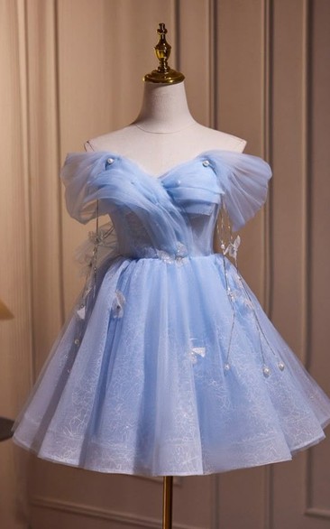 Sky Blue Off-the-Shoulder Tulle Dress with Lace