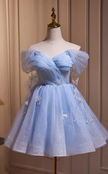 Sky Blue Off-the-Shoulder Tulle Dress with Lace