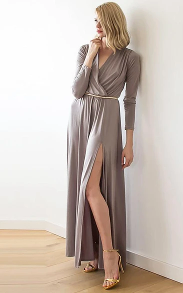 V Neck Long Sleeve A-line Jersey Long Dress Side Split